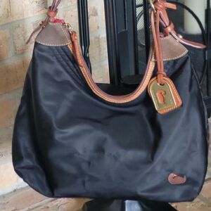 Dooney & Bourke Black Nylon Shoulder Bag with Brown Leather Trim and Brass Charm
